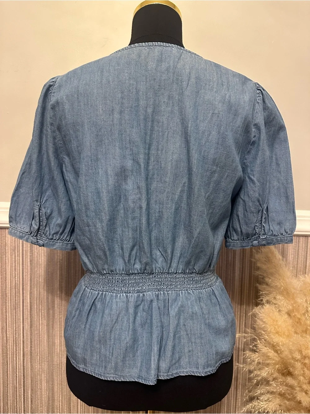 Madewell Chambray Smocked Waist Puff Sleeve Peplum Top NWT Size 2